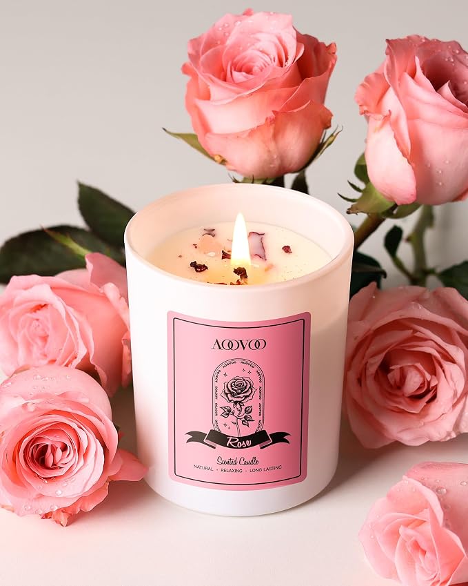 AOOVOO Rose Scented Candles for Women - Aromatherapy Candle with Crystals Inside, 7oz Soy Candles for Home Scented, Mothers Day Birthday Gifts Mothers Day Candle for Women Mom