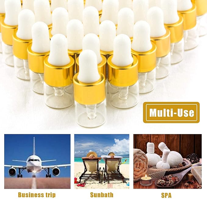 Sample Dropper Bottles, Mini Dropper Bottles with 2 Pcs Plastic Droppers for Traveling Essential Oils DIY Cosmetic Liquid Sample Perfume (Gold, 1ML)