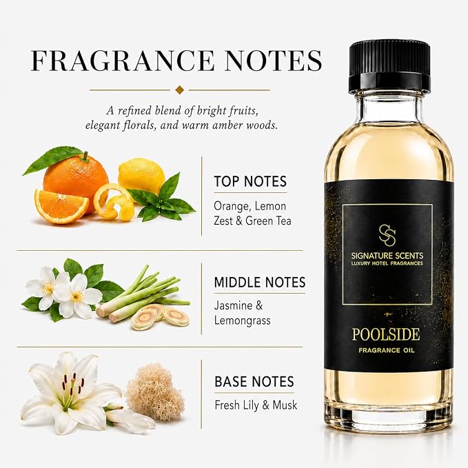 Signature Scents - Luxury Hotel Fragrances - Hotel Fragrance Oil - Diffuser Oil Blends for Aromatherapy (Poolside) 4.05 Fl Oz (120ml)