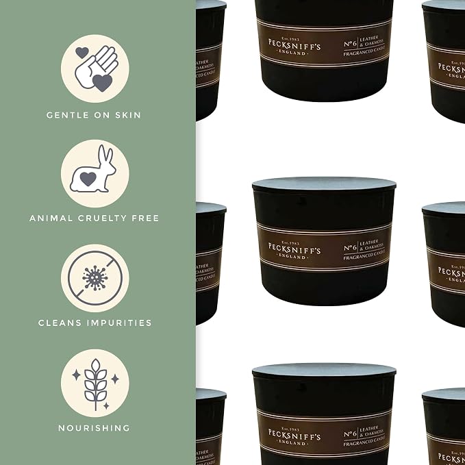 Pecksniffs Black Tall Leather & Oakmoss Scented Candle | 3 Wicks, 283g/9.9oz