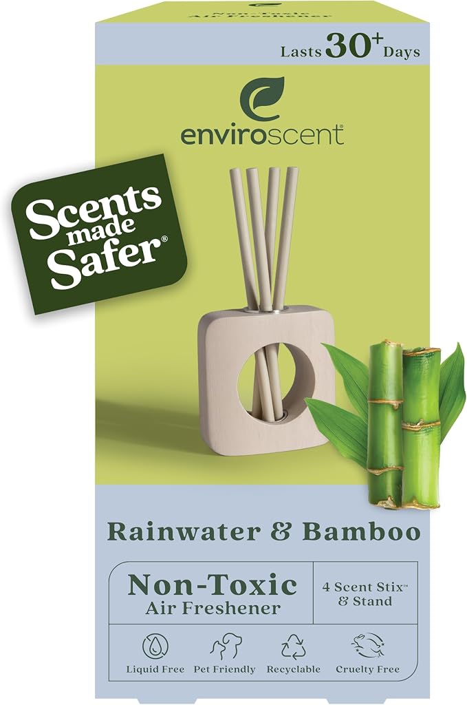 Enviroscent Non-Toxic Air Freshener Scent Stix™ & Stand Kit - Liquid-Free Diffuser Kit - Includes Mango Wood Stand & Scent Stix™ Refill - Fragrance Lasts Up to 30 Days - Rainwater & Bamboo