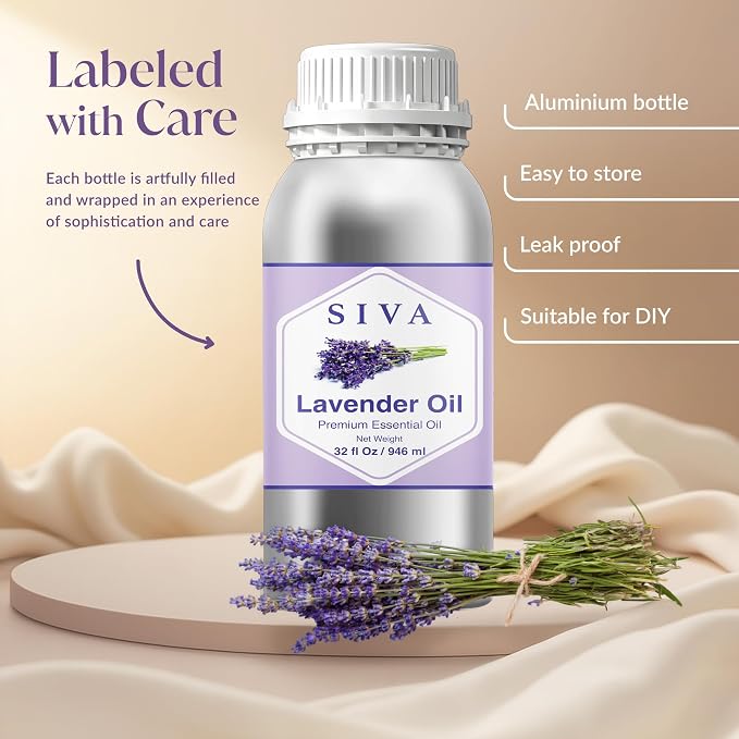 Siva Lavender Essential Oil – 32 Fl Oz – 100% Natural Lavender Oil - for Diffuser, Hair Care, Face, Skin Care, Aromatherapy, Scalp and Body Massage, Soap and Candle Making