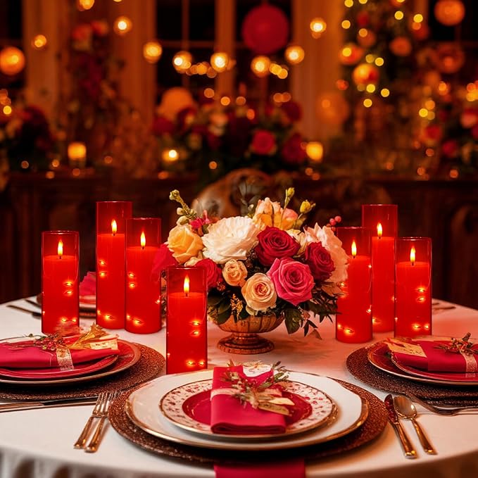 24-Pack Flameless LED Candles with Star String Lights - Red Acrylic Pillar, Realistic Flickering, Remote Control & Timer for Home Decor, Wedding, Christmas