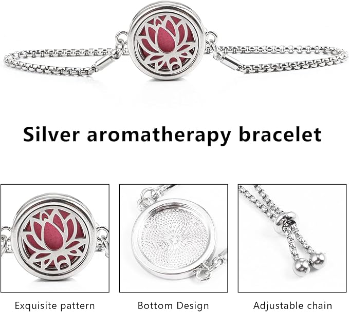Essential Oil Diffuser Bracelet Aromatherapy Locket Adjustable Stainless Steel Lotus Bracelet with 10 Pcs Refill Pads for Women Girls