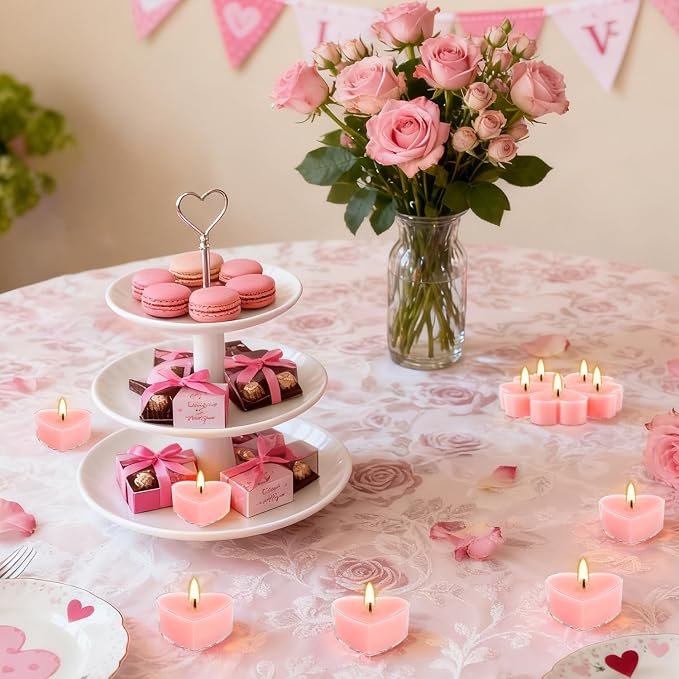 Valentine's Gift 50 PCS Heart Shaped Tea Light Candles, Rose Scented 4-Hour Burn Smokeless Tealights for Valentine's Day, Wedding Anniversary, Proposal&Romantic Decorations.