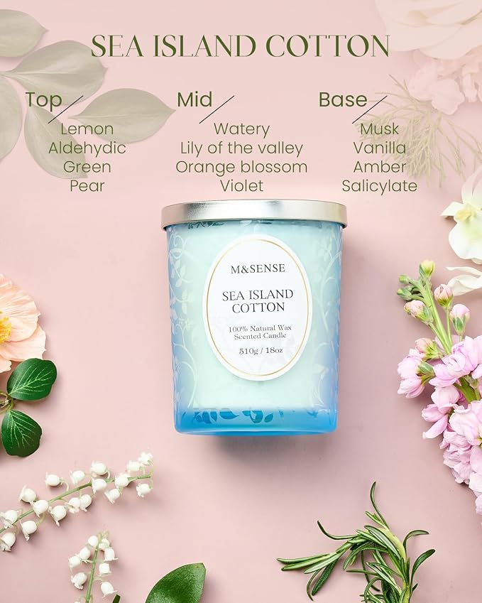 M&SENSE Sea & Cotton Scented Candle, 18oz | Cracking Wooden Wick, Soy Wax, 100 Hours Long Lasting, Non-Toxic Aromatherapy