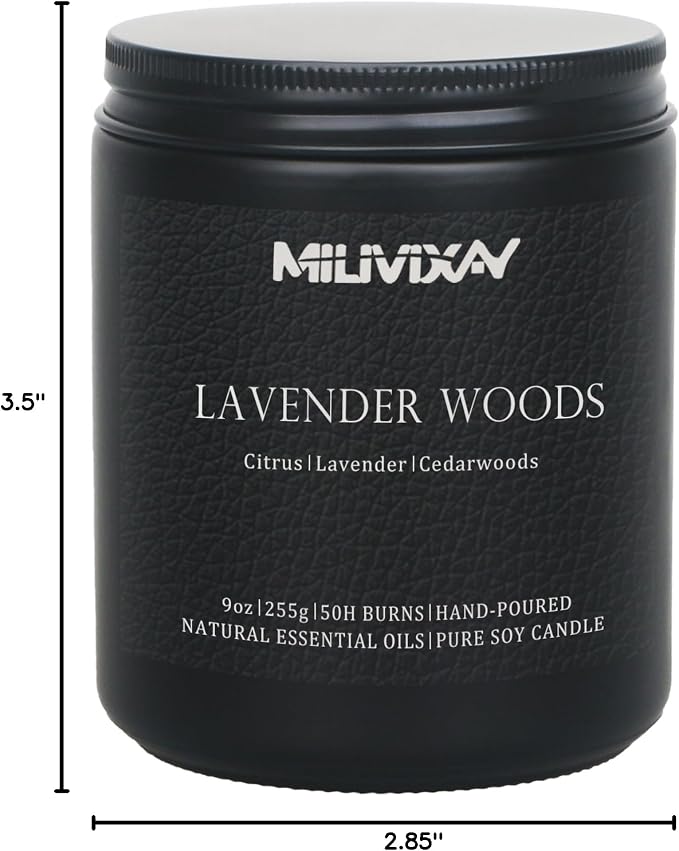 MILIVIXAY Candle for Men Lavender Woods Scented Classic 9oz Jar Single Wick Candle, Soy Wax Candles for Consistent Burn, Over 50 Hours of Burn Time, Ideal for Creating Relaxing & Holiday Gifting.