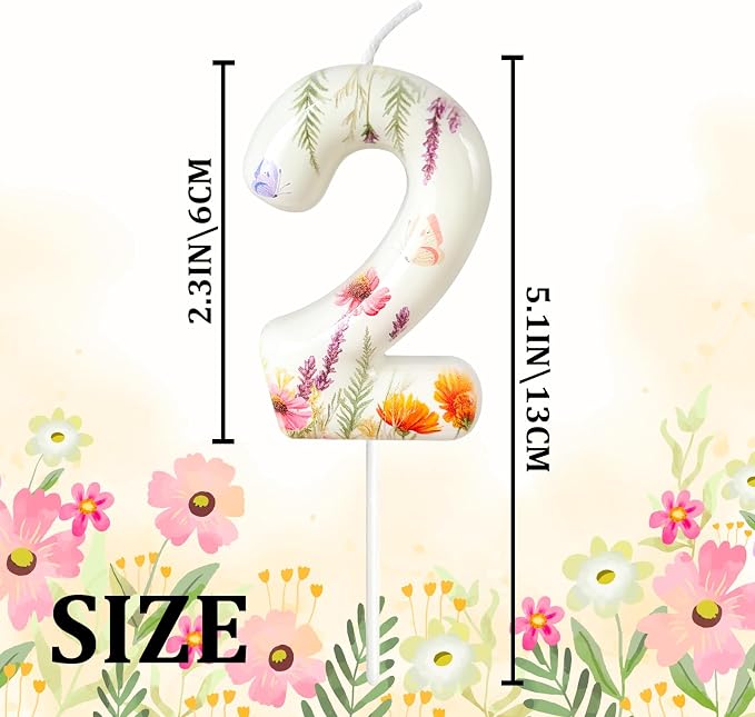 Number 2 Birthday Candle for Cake – Floral Botanical Design with Butterfly Detail – Elegant Cake Topper for Birthday, Garden Party Decoration