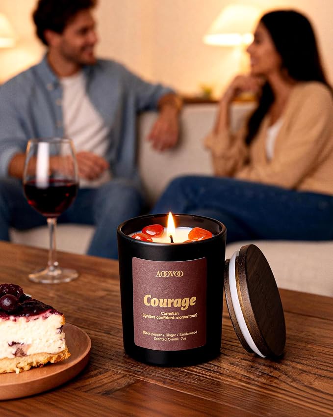 AOOVOO Crystal HEAL Candles Set - 4 Pack Candles for Home Scented, Aromatherapy Candle with Crystals, Resilient Obsidian/Focused Tiger's Eye/Courage Carnelian/Grounded Smoky Quartz