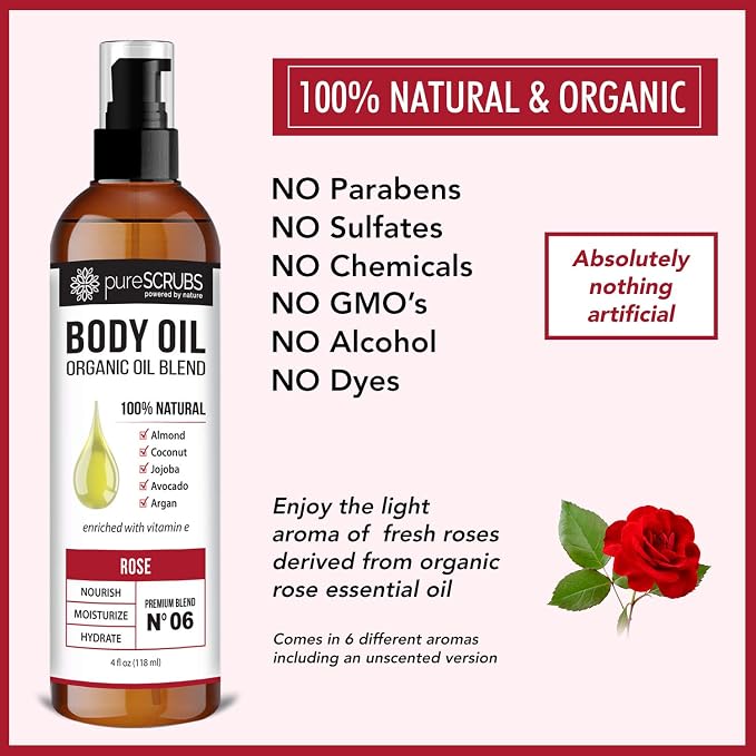 pureSCRUBS Ultra Moisturizing Rose Body Oil for Dry Skin, Lightweight Full Body Moisturizer for Soft, Silky Skin, Massage & Cuticle Oil, Vitamin E Enriched, 4 oz