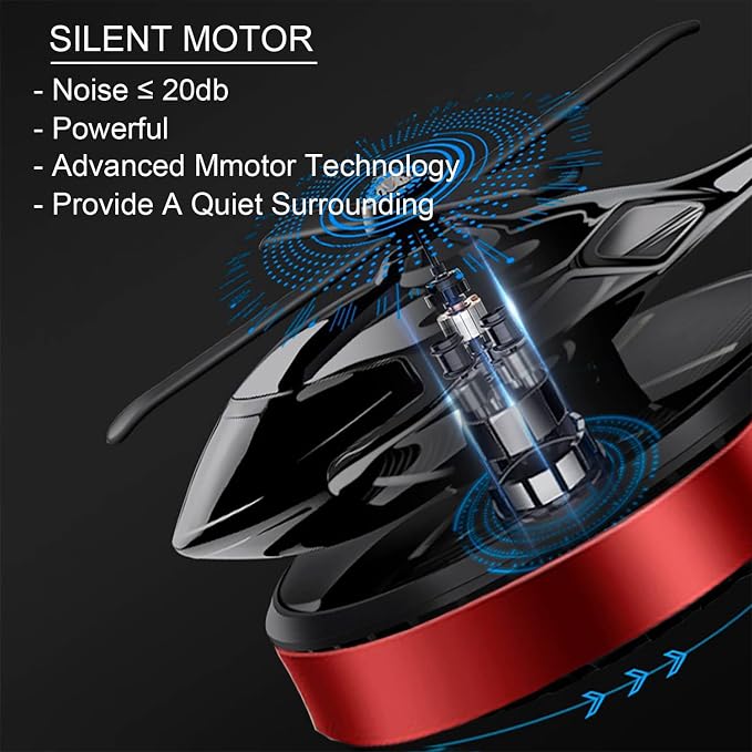 Helicopter Solar Rotating Air Freshener, Al Alloy Car & Home Décor|Red | Helicopter Spins in Sunlight. No Battery or Cable Needed. Freshens Car & Home Naturally. 5ml Essential Oil Included