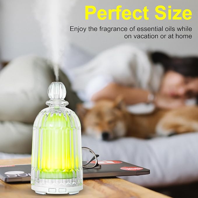 120ml Glass Essential Oil Diffuser, Ultrasonic Aroma Diffuser Glass Cover & Plastic Reservoir with Auto Shut-Off, 7 Colors LED Light for Home, Bedroom, Office, Yoga(White Base)