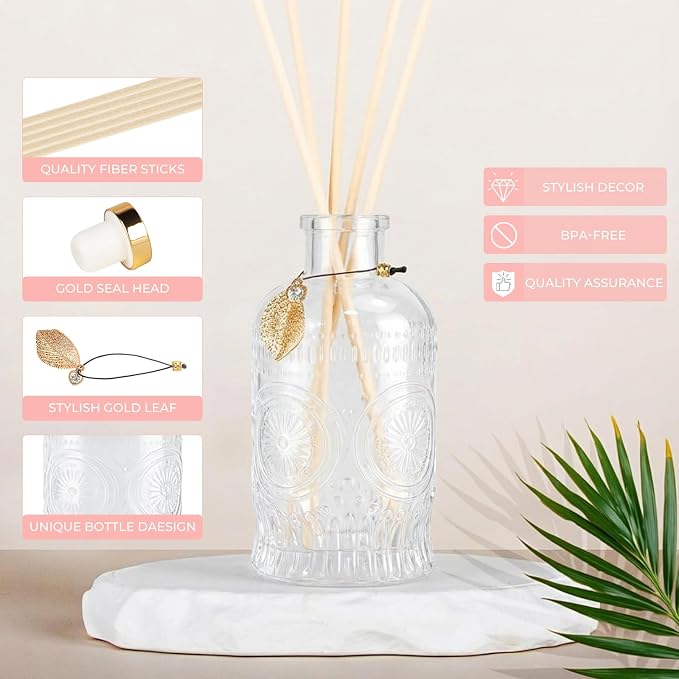 Glass Reed Diffusers Bottles for Home, Diffuser Bottles with 20PCS Reed Diffuser Sticks, Glass Bottle with Lids Apothecary Jar Flower Bud Vases, Set of 3