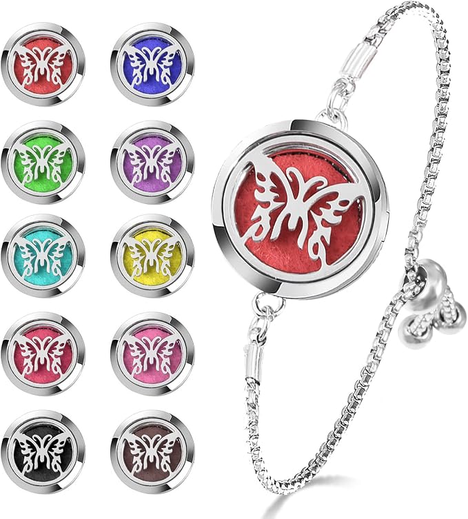 Essential Oil Diffuser Bracelet Aromatherapy Locket Adjustable Stainless Steel Butterfly Bracelet with 10 Pcs Refill Pads for Women Girls