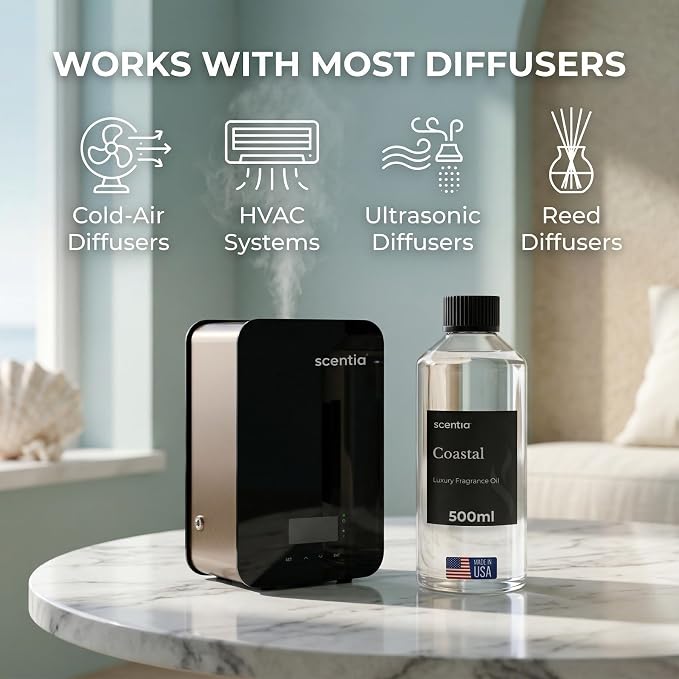 Scentia Coastal (Cabana) Diffuser Oil for HVAC Scent Machine – Hotel Fragrance Inspired by 5-Star Spa – 500 mL – Jasmine, Bergamot & Sea Breeze Oil for Commercial & Cold Air Diffusers, Made in USA