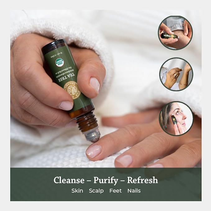 Silk Road Organic Tea Tree Essential Oil Roll On for Healthy Clear Skin, Nail Care & Foot Care - 100% Pure USDA Certified 10 ml Roller