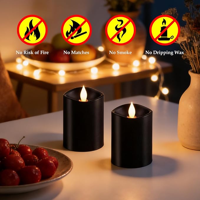 Black Flameless LED Candles - 3" x 4" Real Wax, Battery Operated with Remote Timer, 3D Flickering, Lasts 600+ Hours, Halloween & Christmas Deco (Black, 3"*4"-2pcs)