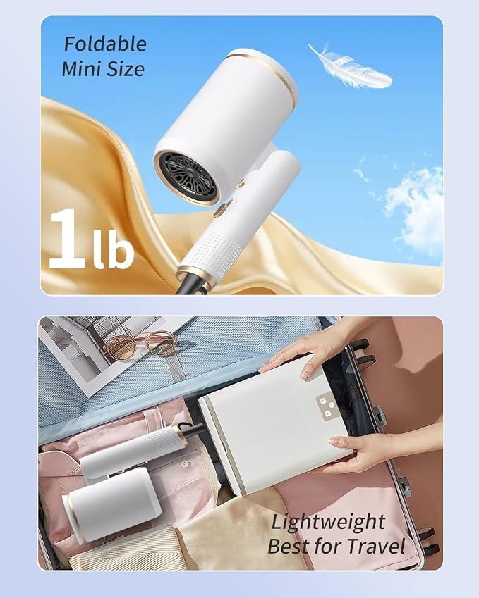 Foldable Portable Ionic Hair Dryer 1600W - Compact Mini Blow Dryer with Diffuser, Concentrator & Comb Nozzle, Intelligent Temperature Control, Low Noise for Home, Salon & Travel (White)