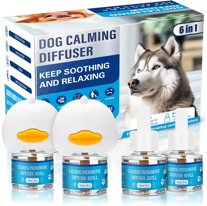 Dog Calming Pheromones Diffuser 6 in 1 Kit Appeasing Pheromone Diffuser to Calm (2 Plug in+4 Pack 48ml Refill) for Anxiety Relief Reduce Aggression Fighting Barking Stress 120 Day Supply(Tasteless)