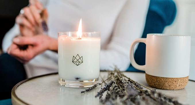 Luxury Glass Jar Candle, 14.5 OZ, Release - Amethyst Healing Crystal Infused - Scents of Lavender, Bergamot, & Frankincense - Relieve, Support, & Transform - Coconut Wax, Essential Oils