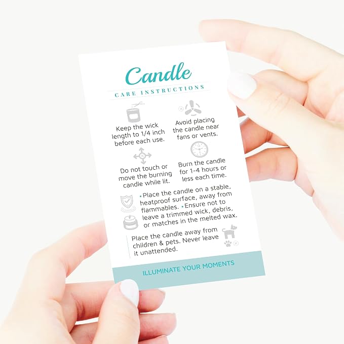 100 pack - Premium Handmade Candle Care Instruction Cards White Mint, 2x3.5 in, Small Business | Soy Bees Wax Melt, Candle Makers, Making Supplies Kit Set, Containers, Jars, Pot