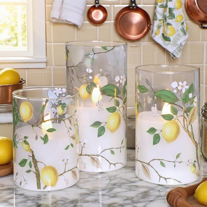 Flameless LED Candles with Remote Lemon Decal Glass Flickering Battery Operated Candles for Home Room Party Wedding Holiday Christmas Valentine's Day Decor - Set of 3