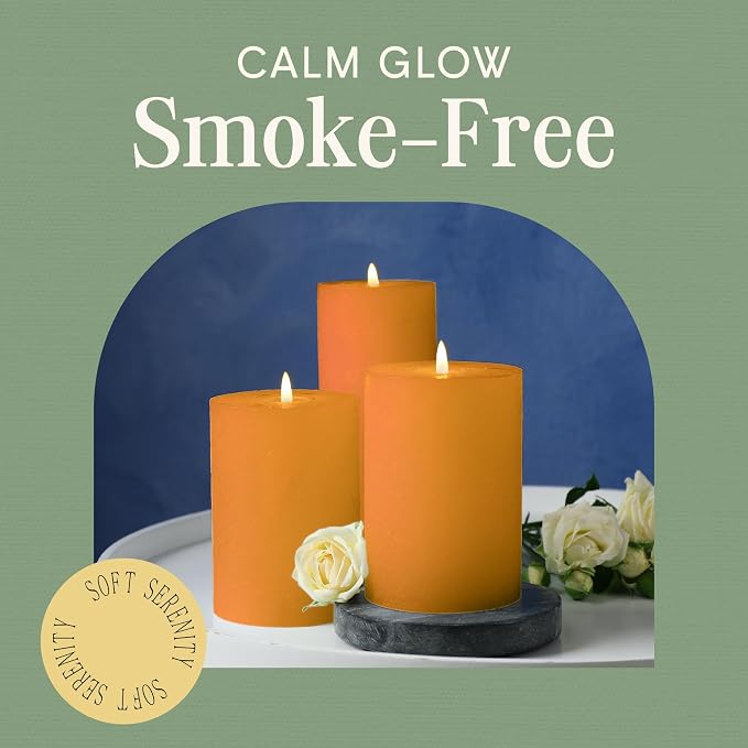 Mister Candle Dripless Unscented Pillar Candles, Set of 3 Hand Poured Orange Pillar Candles, Solid Color Non-Scented Candles for Home Decor, Premium Wax, 80 Hr Burn Time, 3x6 Inch