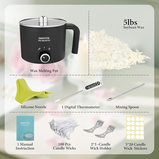 SAEUYVB Candle Making Kit,Soy Wax for Candle Making,DIY Candle Making Supplies,Including 5lbs Natural Soy Wax Flakes,Wax Melter,Candle Wicks,Candle Kit for Adults,Beginnner