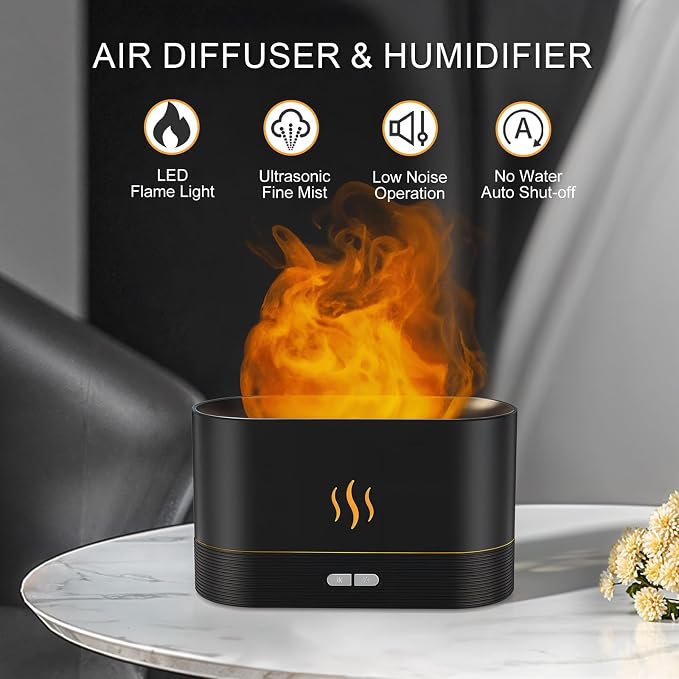 PIZAY Essential Oil Diffuser, Flame Air Humidifier with Fire Led Light - 2 Rightness, 180mL Capacity (8 Hours), Auto-Off Protection Air Diffuser for Home Bedroom Office Gifts(Black)