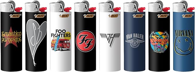BIC Special Edition Rock Bands Series Maxi Pocket Lighters, Smashing Pumpkins, Foo Fighters, Nirvana, Van Halen, Set of 8 Lighters