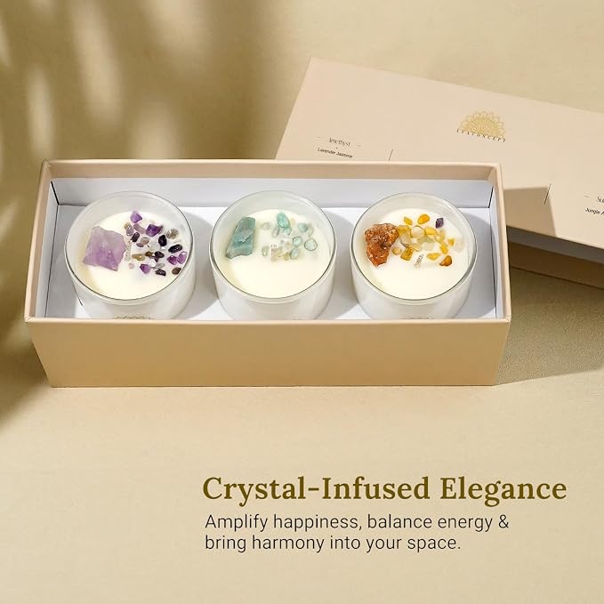 AvaConcept Healing Crystal Candle Gift Set – Set of 3 Amethyst, Amazonite & Sunstone Hand-Poured Soy Wax Lavender Jasmine, Coastal Breeze & Jungle Attachment Aromatherapy 3.5oz Each | Premium Gift Box