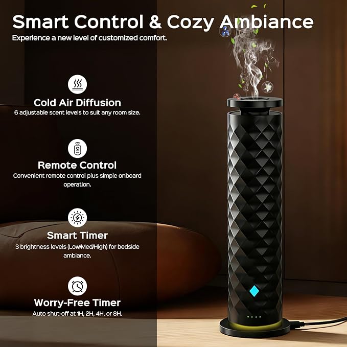 Waterless Scent Diffuser Starter Kit – Remote Control Cold Air Scent Diffuser Oil Machine with 5 Oils 1000 Sq Ft Coverage Quiet Nebulizing Aromatherapy for Home Office Bedroom & Spa