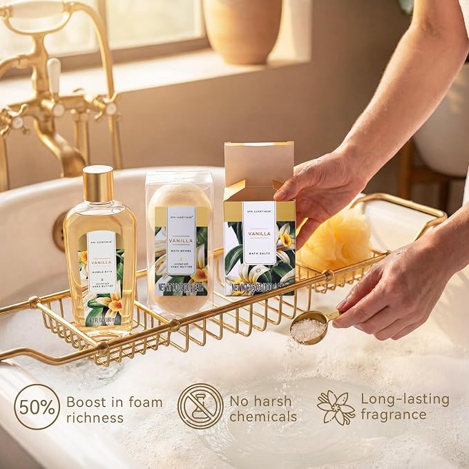 Gift Baskets for Women, Spa Luxetique 8 Pcs Vanilla Mothers Day Gifts for Mom, Birthday Bath and Body Set, Self Care Kit for Her, Including Bubble Bath, Shower Gel, Body Lotion