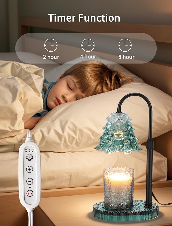 Candle Warmer Lamp with Timer & Dimmer, Crown Glass Lamp Candle Warmer for Jar Candles, 2 Bulbs, Height Adjustable Electric Wax Warmer for Elegant Home Decor (Emerald Pine)