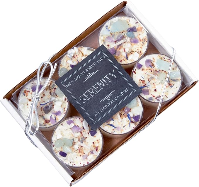Lavender Chamomile Candle by New Moon Beginnings - Calming Energy Candle - Crystal Candle & Herb Candle - Aromatherapy Candle - Essential Oil Candle (Set of 6 Tealights)