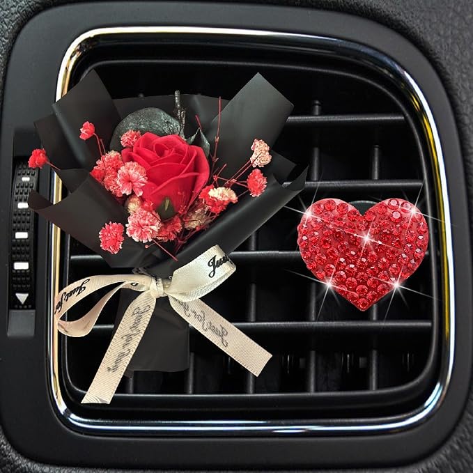 Mini Dried Flowers + Heart Car Vent Clips-Decorative Air Outlet Bouquets with Floral Scent,Fragrance Diffusers for Vehicle Interior Decor,Automotive Air Freshener Decorations (Red, Random fragrance)