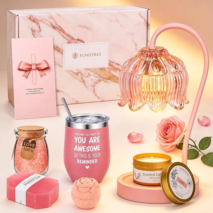 Flower Candle Warmer Lamp with Timer for Jar Candles, Dimmable Candle Lamp Warmer Gift Set with 3 Scented Candles Lavender Vanilla Oud, Christmas Birthday Gifts for Women Mom Wife Her - Purple