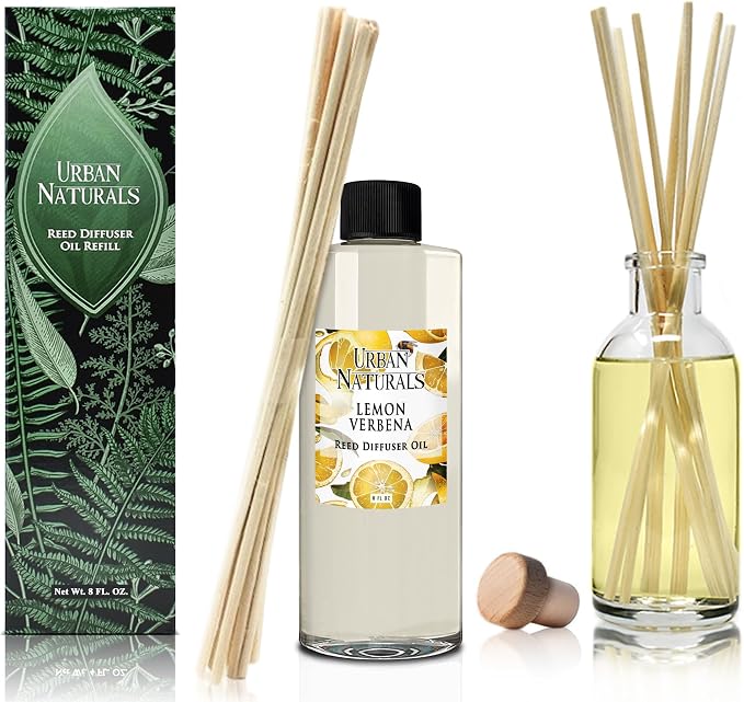 Urban Naturals Reed Diffuser Oil Refill Lemon Verbena with Lemon Zest, Bergamot, Vetiver, Cedarwood 8 oz + Free Reed Sticks, Made in the USA