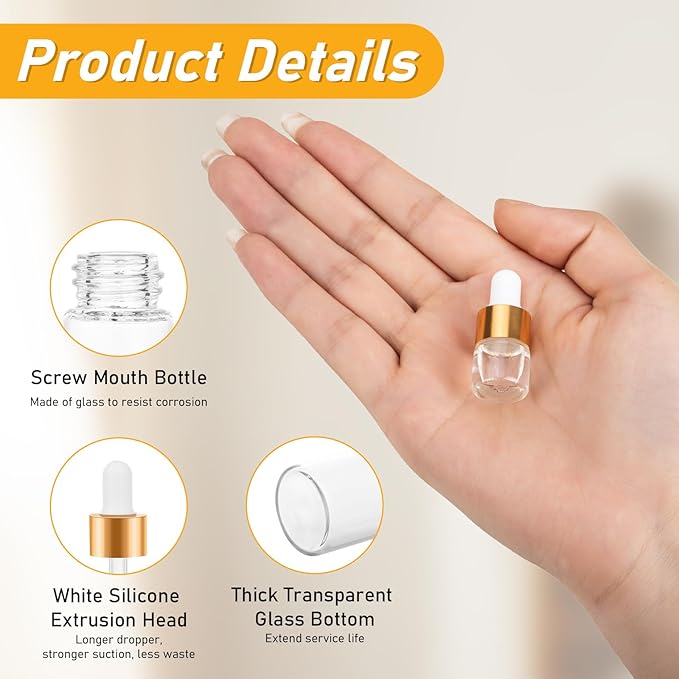 20 Pack Mini Dropper Bottle for Cuticle Oil, 1ml Small Sample Essential Oil Dropper Bottles for Travel, Clear Empty Vails for Cosmetic Perfume