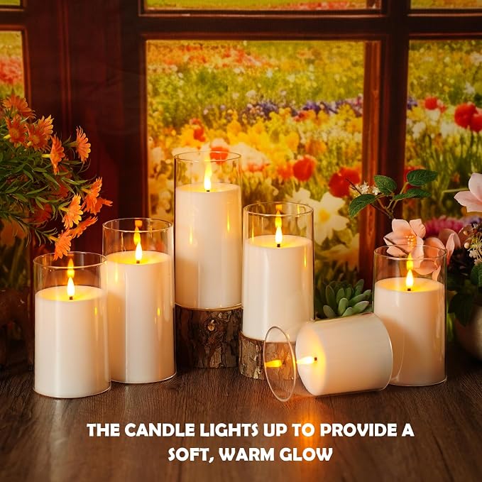 kakoya Flickering Flameless Candles Battery Operated with Remote and 2/4/6/8 H Timer Acrylic Led Pillar Candles Pack of 9 (D 3" xH 4" 5" 6") with Realistic 3D Wick Candles for Home Decor(White)