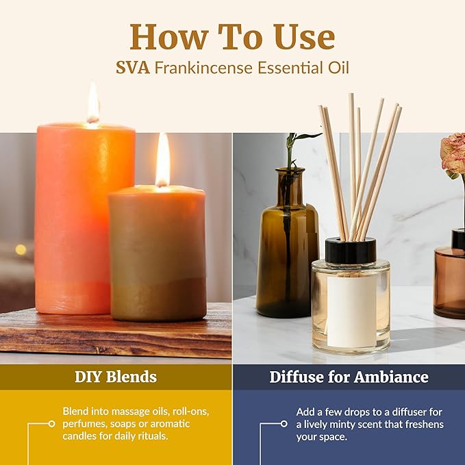 SVA Frankincense Essential Oil – 4 Fl Oz – for Diffuser, Skin & Hair Care – Ideal for Aromatherapy, Massage & DIY Blends – with Dropper
