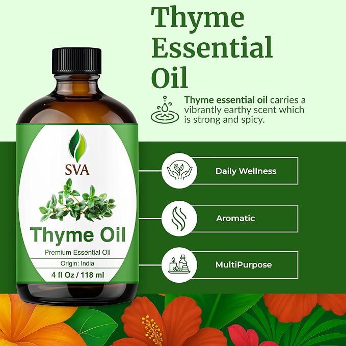 SVA Thyme Essential Oil 4 Fl Oz – for Aromatherapy, Diffuser, Skin & Hair Care – Ideal for Massage & DIY Blends – with Dropper