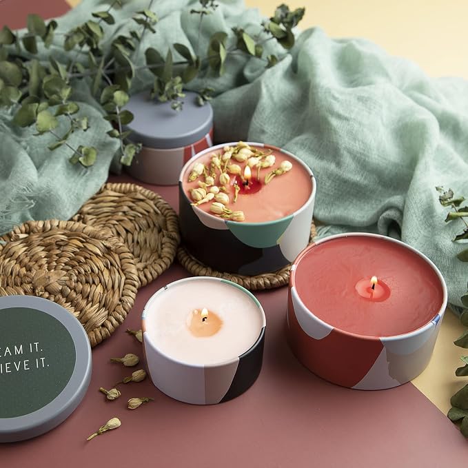 Hearth & Harbor Tin Candle Jars for Making Candles - DIY Candle Containers with Lids - Metal Candle Jars - Bulk Tins Storage for Candle - (12 Pieces) - (8 Ounces) - Artistic Floral