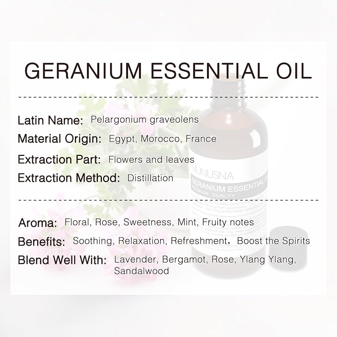 Geranium Essential Oil 100ML, 100% Pure Geranium Oils Aromatherapy Oil for Diffuser, Skin Care, Massage, Yoga, Home Fragrance, Soap and Candle Makings