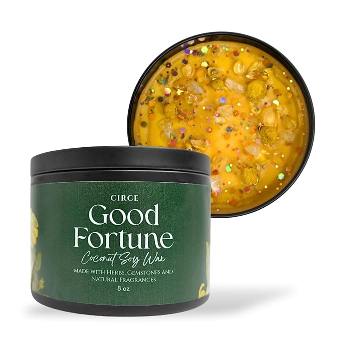 Circe Spell Candle “Good Fortune” Coconut Soy Wax Candle Jar – Premium Hand Poured & Long Burning – Herbs, Crystals & Natural Fragrance Oils - Invite Luck, Positivity & Success - Self Care, Gift- 8oz