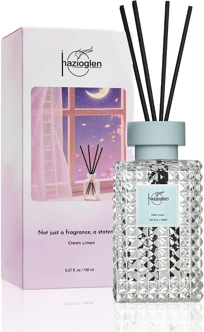 Reed Diffuser Set, Clean Linen Scented Home Fragrance Air Freshener for Bathroom Shelf Decor, 5.07 fl oz/150ml Essential Oil with Sticks