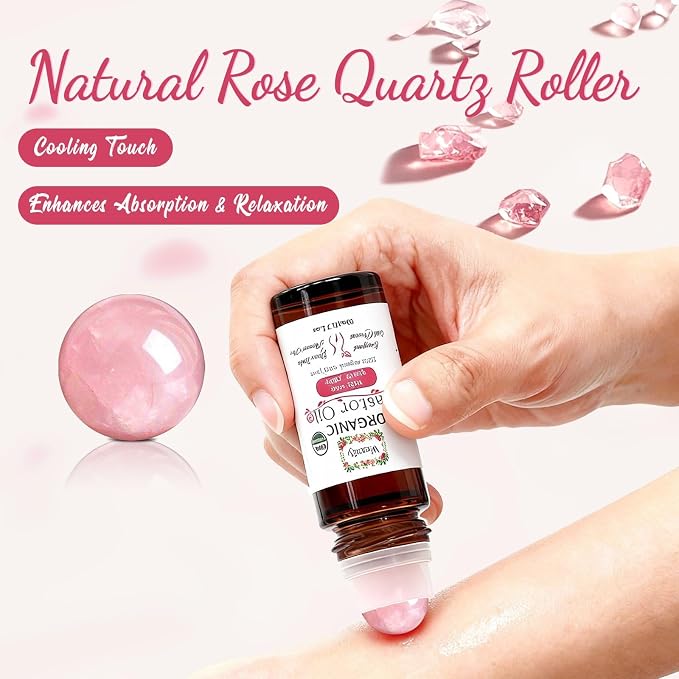 Castor Oil with Rose Quartz Roll On, 4 Pack for Face, Body, Hands & Feet—Real Crystal Roller Set, Organic Cold-Pressed Castor Oil, Hexane-Free, Moisturizing & Relaxing Self-Care Gift Set for Women