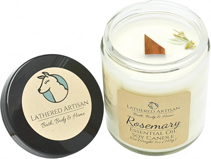 Rosemary Scented Essential Oil Candle 7 oz, Hand Crafted Pure Soy Wax Candle with Wooden Wick, Dried Botanicals, 54 Hour Burn Time, Natural Aromatherapy Glass Jar Candle with Lid by Lathered Artisan