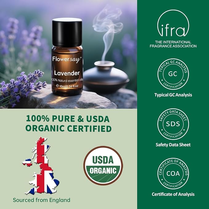 Organic Lavender Essential Oil – Calming Floral Scent, 100% Pure Natural Aromatherapy Oil for Diffuser, Skin, Hair, Sleep & Candle Making – 10ml (0.34 Fl Oz)