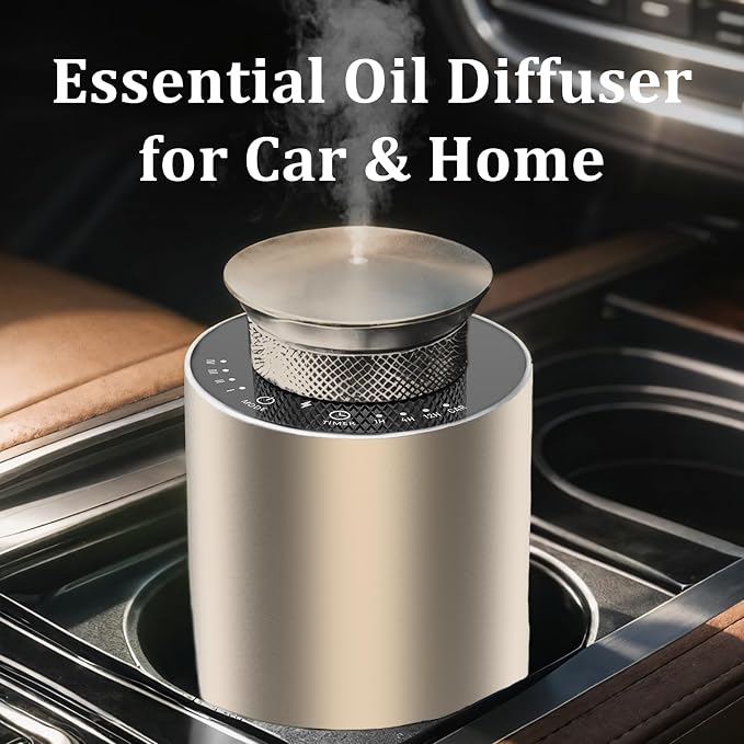 2026 Upgraded Rechargeable Waterless Car Scent Diffuser Kit, Includes 2 Premium Oils, Auto On/Off, 4 Mist Levels & Timers, Portable Aromatherapy Diffuser for Hotel,Home,Room,Studio,Office - Gold